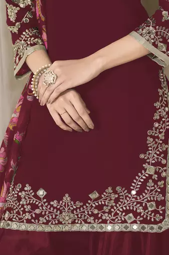 Maroon glass work roman silk unstitched straight cut santool suit set