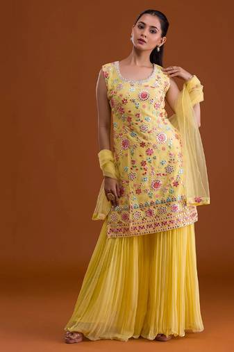 beautiful georgette palazzo suit in yellow color for women