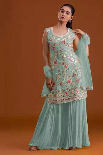 beautiful georgette sky blue suit in yellow color for women