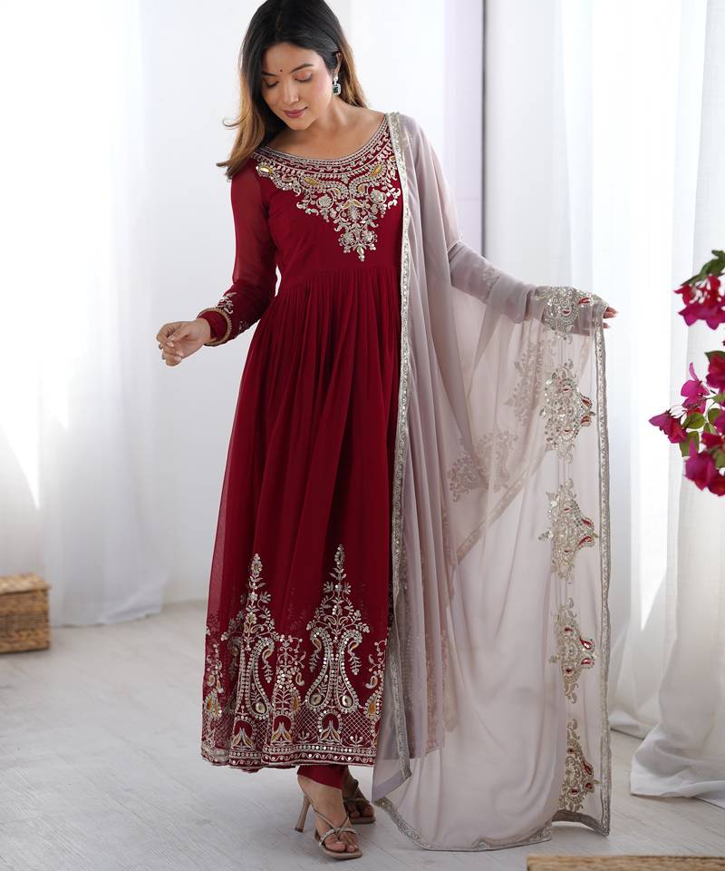 Elegant Embroidered Sequence Designer Anarkali Three Piece Set 