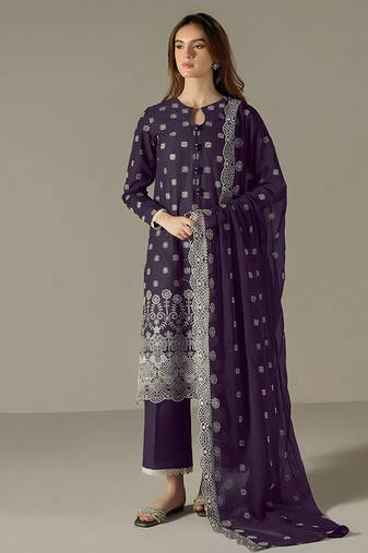purple faux georgette long straight suit for women embroidered