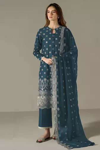 blue faux georgette long straight suit for women embroidered