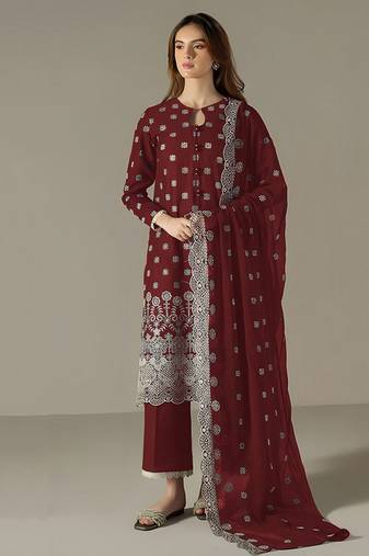 maroon faux georgette long straight suit for women embroidered