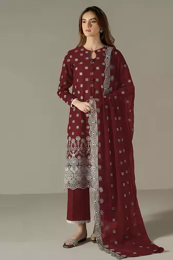 maroon faux georgette long straight suit for women embroidered