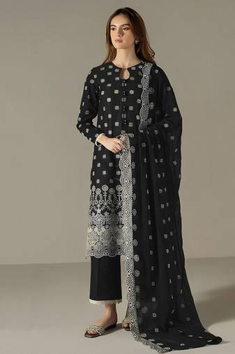 black faux georgette long straight suit for women embroidered