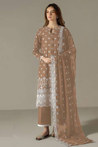 beige faux georgette long straight suit for women embroidered