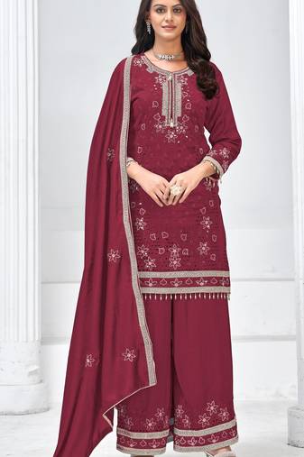Red heavy vichita semi stitched suit with sequence emrboidery & mirror work