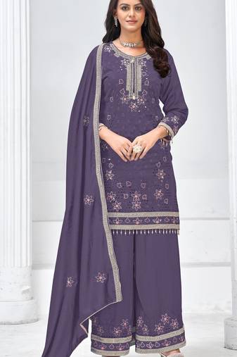 Lavender heavy vichita semi stitched suit with sequence emrboidery & mirror work