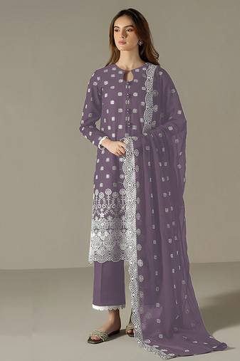 lilac faux georgette long straight suit for women embroidered