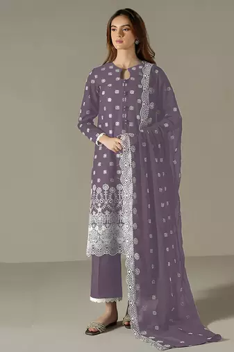 lilac faux georgette long straight suit for women embroidered