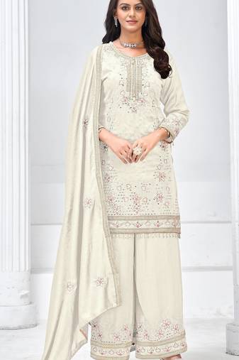 White heavy vichita semi stitched suit with sequence emrboidery & mirror work