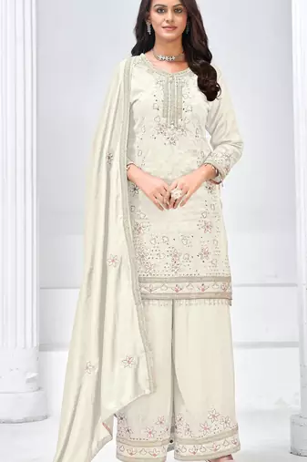 White heavy vichita semi stitched suit with sequence emrboidery & mirror work