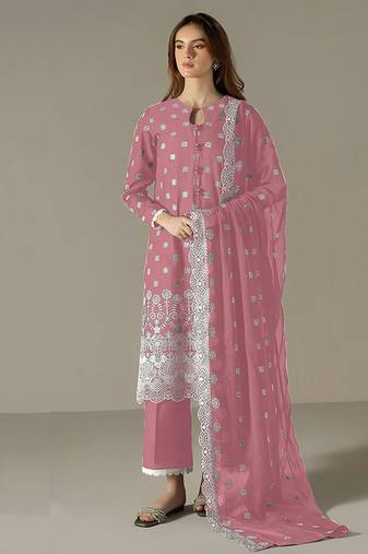 pink faux georgette long straight suit for women embroidered