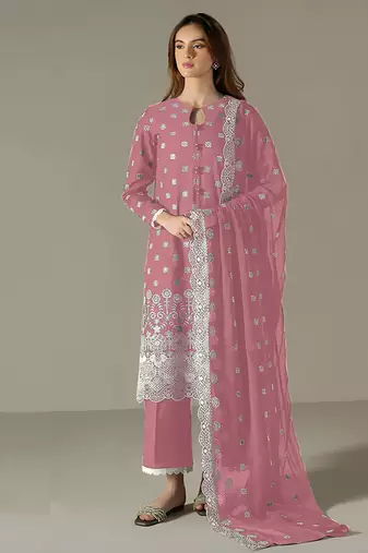 pink faux georgette long straight suit for women embroidered