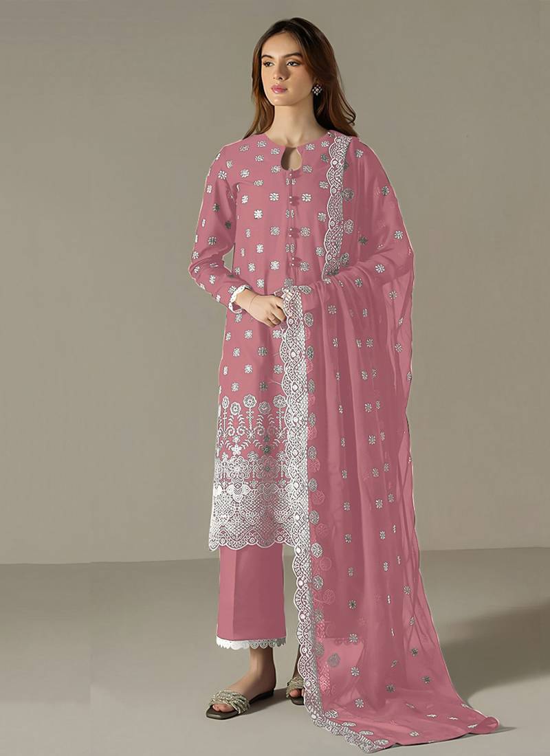 pink faux georgette long straight suit for women embroidered