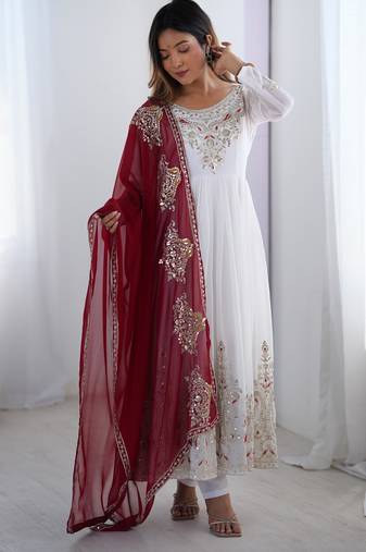  White Elegant Embroidered Sequence Designer Anarkali Three Piece Set 