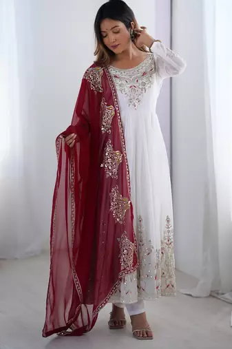  White Elegant Embroidered Sequence Designer Anarkali Three Piece Set 