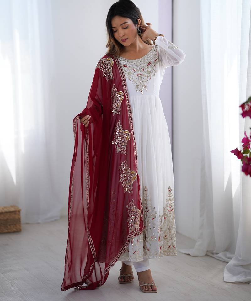  White Elegant Embroidered Sequence Designer Anarkali Three Piece Set 