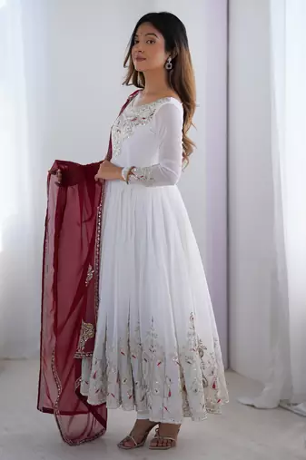  White Elegant Embroidered Sequence Designer Anarkali Three Piece Set 