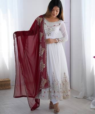  White Elegant Embroidered Sequence Designer Anarkali Three Piece Set  4