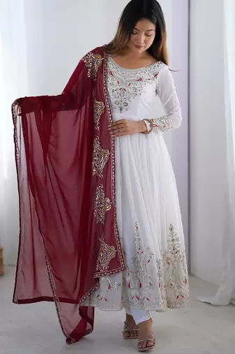  White Elegant Embroidered Sequence Designer Anarkali Three Piece Set 