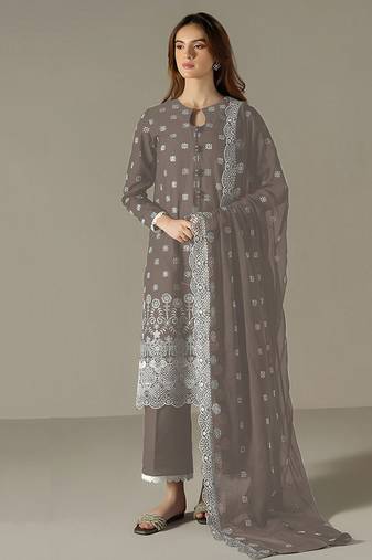grey faux georgette long straight suit for women embroidered