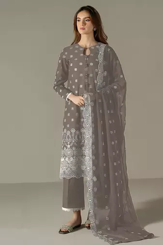 grey faux georgette long straight suit for women embroidered