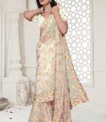 White color resham embroidery & stone work net party wear saree with blouse pieces