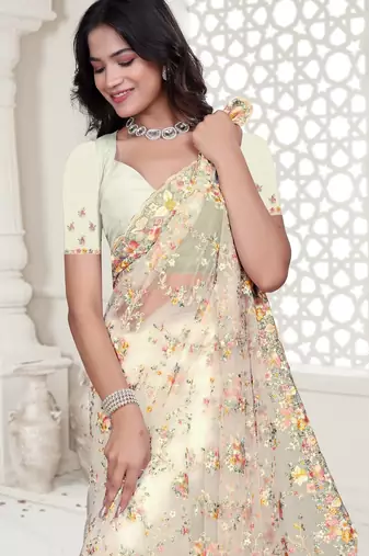 White color resham embroidery & stone work net party wear saree with blouse pieces