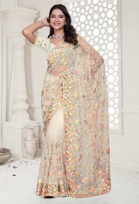 White resham embroidery & stone work net party wear saree with blouse pieces 3
