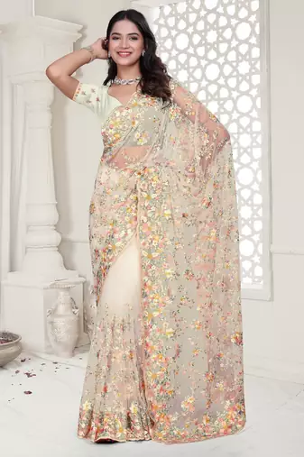 White color resham embroidery & stone work net party wear saree with blouse pieces