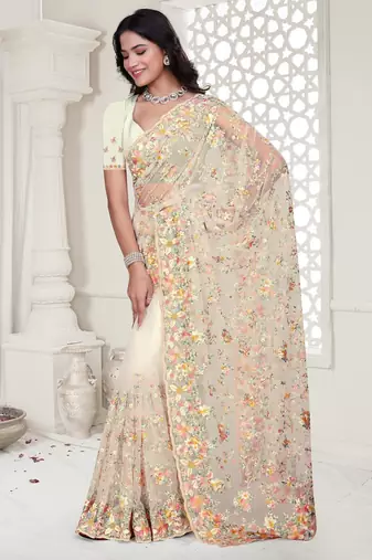 White color resham embroidery & stone work net party wear saree with blouse pieces