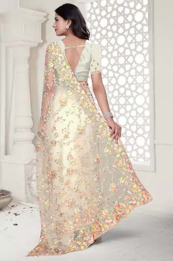 White color resham embroidery & stone work net party wear saree with blouse pieces
