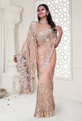 Peach color resham embroidery & stone work net party wear saree with blouse pieces 1