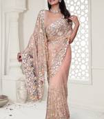 Peach color resham embroidery & stone work net party wear saree with blouse pieces