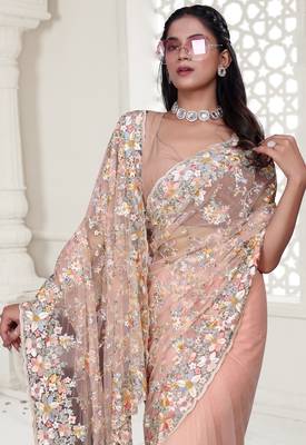 Peach color resham embroidery & stone work net party wear saree with blouse pieces 2