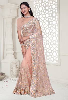 Peach color resham embroidery & stone work net party wear saree with blouse pieces 4