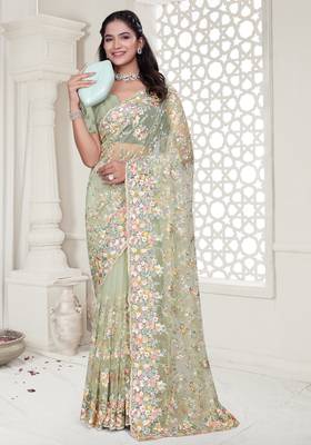 Pista green color resham embroidery & stone work net party wear saree with blouse pieces 1