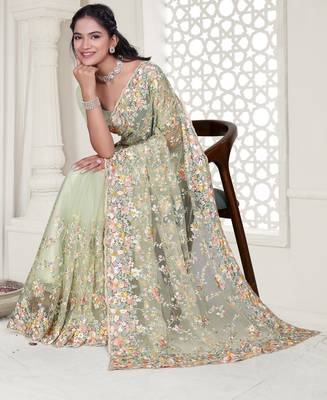 Pista green color resham embroidery & stone work net party wear saree with blouse pieces 2