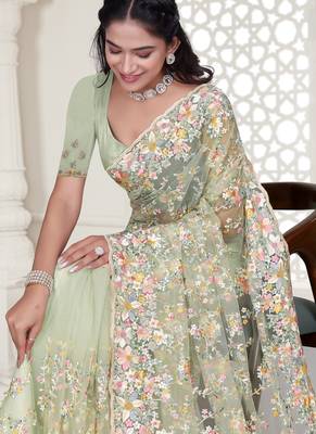 Pista green color resham embroidery & stone work net party wear saree with blouse pieces 3
