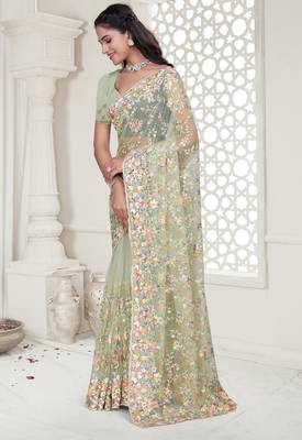 Pista green color resham embroidery & stone work net party wear saree with blouse pieces 4