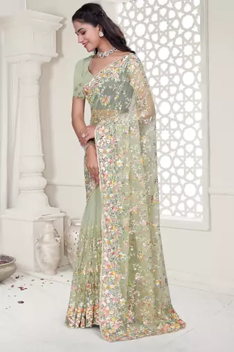 Pista green color resham embroidery & stone work net party wear saree with blouse pieces