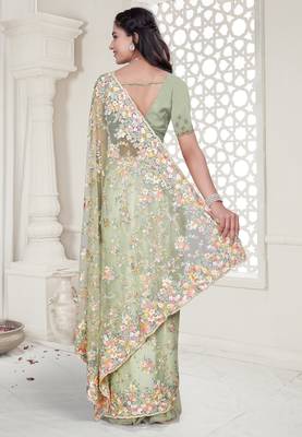 Pista green color resham embroidery & stone work net party wear saree with blouse pieces 5