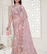 Pink color resham embroidery & stone work net party wear saree with blouse pieces
