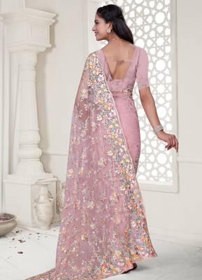 Pink color resham embroidery & stone work net party wear saree with blouse pieces 2