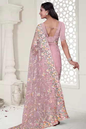 Pink color resham embroidery & stone work net party wear saree with blouse pieces