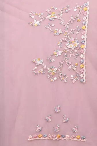 Pink color resham embroidery & stone work net party wear saree with blouse pieces