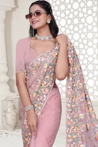 Pink color resham embroidery & stone work net party wear saree with blouse pieces