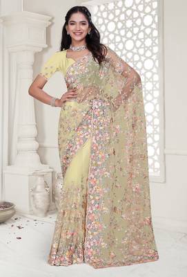 Lemon  color resham embroidery & stone work net party wear saree with blouse pieces 1