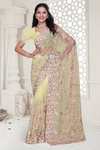 Lemon  color resham embroidery & stone work net party wear saree with blouse pieces